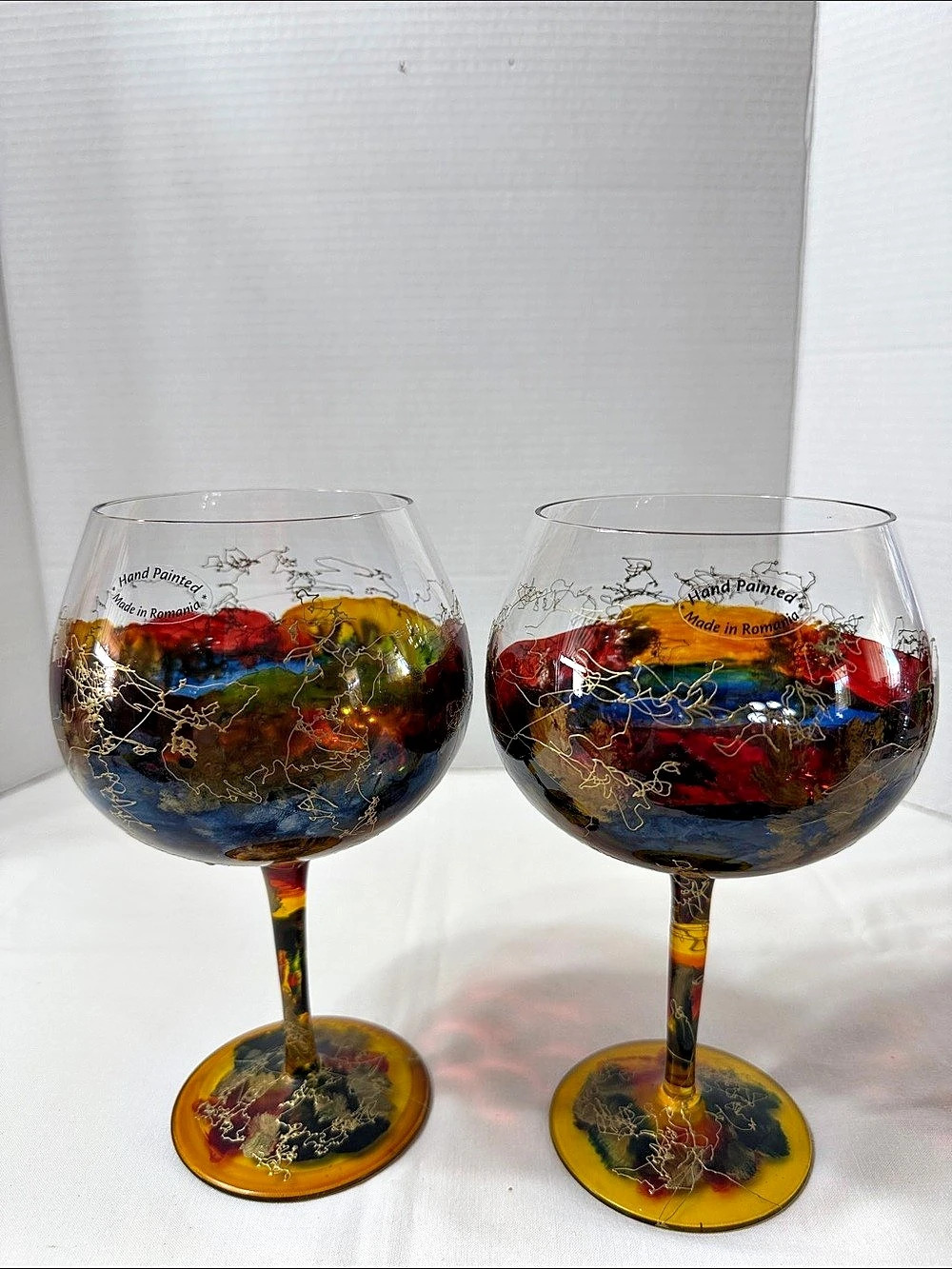 Vtg Romanian Hand-Painted Multicolor Hand Blown Balloon Wine Glasses Set of 2